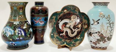A group of Meiji period Japanese cloisonne enamel items comprising a fine shosenjippo vase depicting