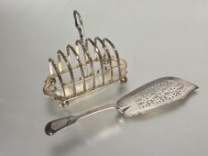 An Epns six division toast rack with loop handle to top and raised on ball feet H x 17cm L x 18cm