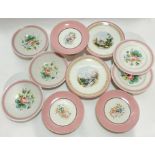 A mixed group of pink ground ceramics comprising five variously decorated cake stands (tallest h- 11