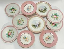 A mixed group of pink ground ceramics comprising five variously decorated cake stands (tallest h- 11