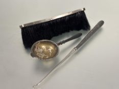 Edwardian Edinburgh silver crescent shaped crumb brush L x 21cm, a Victorian Birmingham silver
