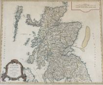 A framed coloured map of Scotland published 1751 in Paris by Robert De Vaugondy in his book "Atlas