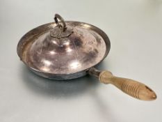 A  Elkington Sheffield plated Flambe dish with domed cover and ring turned handle to side, shows