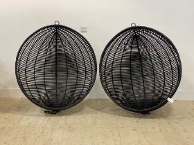 A pair of modern hanging basket garden chairs, each complete with heavy duty chains. W100cm.