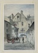 Signed indistinctly, Scottish town scene with children and a horse and cart, watercolour and pencil,