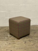 A contemporary cube stool, covered in Abraham Moon wool fabric. H50cm, W46cm.