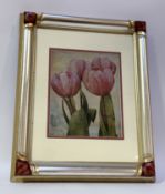 Unknown Artist, Study of pink Tulips print, unsigned, in a decorative frame. (24cmx19.5cm)