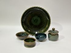 A collection of Bob Culloden Scottish studio pottery comprising, a lidded sugar bowl with blue and