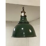 A large industrial green and white enamel pendent light, early to mid 20th century. H55cm.