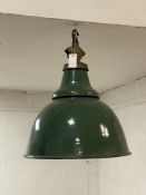 A large industrial green and white enamel pendent light, early to mid 20th century. H55cm.
