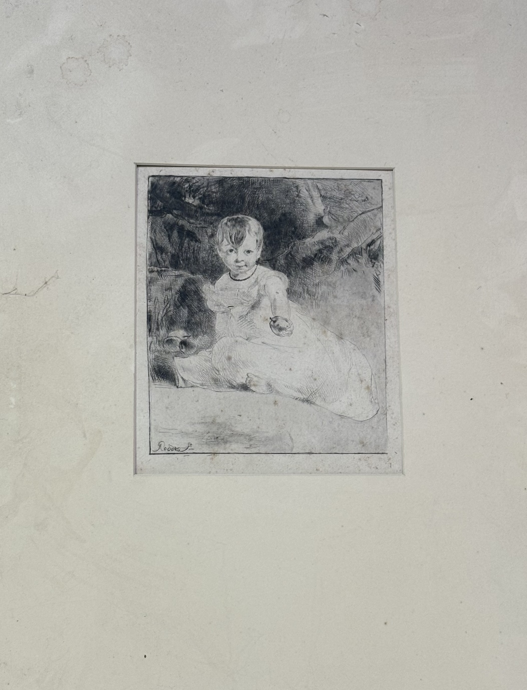 Andrew Geddes (Scottish 1783-1844), Portrait of a child with an apple, engraving, framed. (14cmx10.