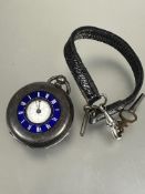 A Edwardian ladys silver half hunter fob watch with blue enamel outer ring to case with roman