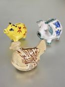 A late 19thc Scottish pottery agate ware hen on nest money bank H x 10cm L x 11cm, and two modern