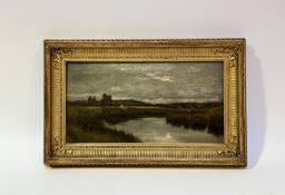 Late 19thc school, a landscape river scene with bridge to background, oil on panel, unsigned in a