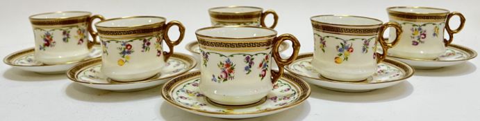 A Cauldon set of six cups (h- 5.5cm) and saucers (w- 11.5cm), each with hand enamelled floral decora