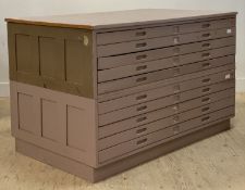 A two part painted beech plan chest, mid 20th century, fitted with ten drawers. H92cm 149cm x 90cm.