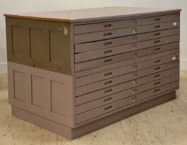 A two part painted beech plan chest, mid 20th century, fitted with ten drawers. H92cm 149cm x 90cm.