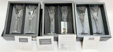 Three boxed pairs of Waterford crystal Millennium Collection toasting glasses (Peace, Prosperity,