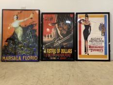 A group of 5 framed reproduction film posters, including 'Sar Wars' 'A fist full of dollars' '