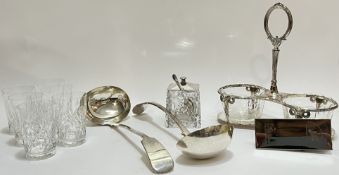 A mixed lot comprising two large silver plated ladles (l- 32.5cm), six Edinburgh Crystal glasses (ma