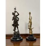 A bronzed spelter figural lamp base in the Art Nouveau style, titled 'Commerce' 'Par Ruchot' H54cm