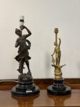 A bronzed spelter figural lamp base in the Art Nouveau style, titled 'Commerce' 'Par Ruchot' H54cm