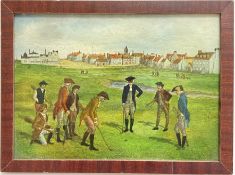 A framed print of an engraving with golf scene of the St Andrews Old Course and town (h- 21cm, w-