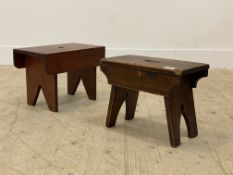 A late 19th / early 20th century stained and pierced pine creepie stool (L36cm) together with a