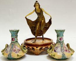 An Art Deco style cast metal and ivorine figure of a lady, mounted on a Chinese carved wood base (h-