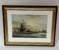 John Hamilton Glass (Scottish 1890-1925), A Dutch riverbank scene with windmill to background,