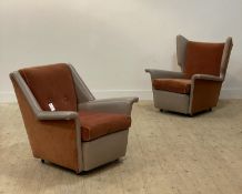 A pair of mid century lounge chairs, circa 1950's, comprised of a wing back chair and easy chair,
