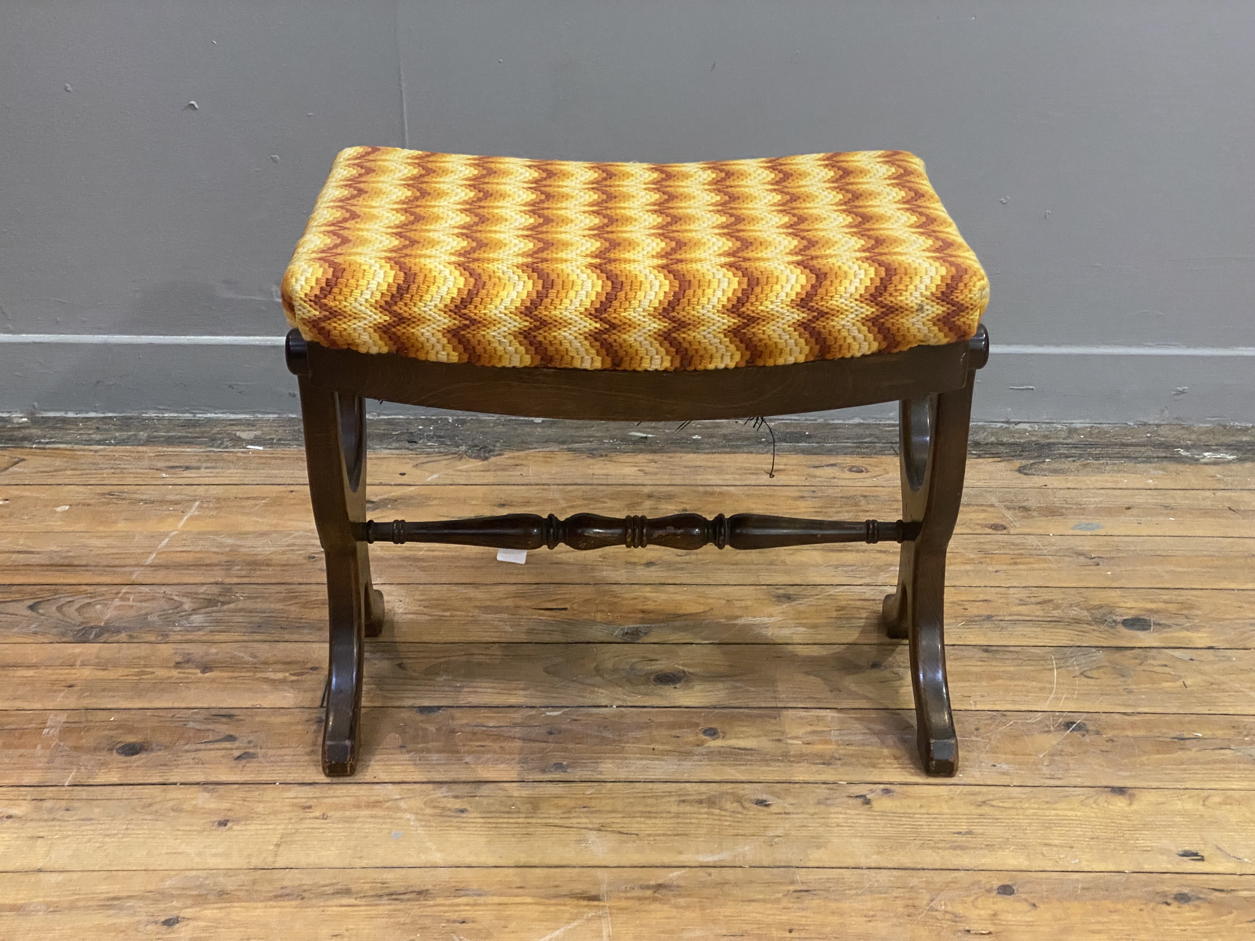 A Regency style stained hardwood stool with upholstered seat, raised on 'X' frame supports. H47cm, - Image 2 of 2