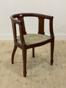 A walnut framed tub chair, the curved crest over splat back and upholstered seat, raised on square