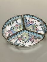 Property of the late Countess Haig, a set of three Peking enamel Chinese triangular shaped serving