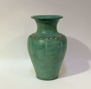 A Studio Pottery style turquoise glazed baluster shaped vase, with applied/incised decoration. (h-