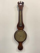 A George III mahogany mercury barometer and thermometer, the banjo pattern case inlaid with box