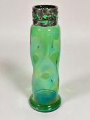 A Edwardian Art Nouveau pearlescent green dimpled cylinder vase mounted with chrome stylized