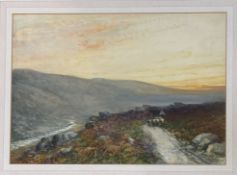 James Townshend (British ?-1949), Highland view with Shepard and sheep to background, watercolour,