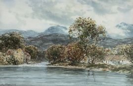 Signed indistinctly, A riverbank scene with cottages to background, watercolour and pencil, signed