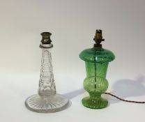 A 20thc hand-blown glass green and white baluster shaped table lamp (h-31.5cm) and a crystal