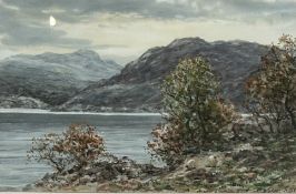 Signed indistinctly, Scottish Loch scene with hills to background, watercolour and pencil, signed