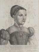 Unknown Artist, Study Mary of Guise, lithographic print, details below and verso, framed. (foxing to