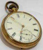 A gold plated pocket watch, the enamel dial with Roman numeral indices and sub second dial, and Swis