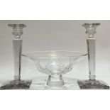 A Steuben American art glass bowl (h- 13cm, w- 26cm), together with a pair of faceted clear glass ca