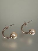 A pair of rose metal rear fitting hoop cultured pearl stud earrings L x 1cm with screw fastenings
