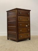 An early 20th century stained ash chest of five drawers, raised on stile supports. H91cm, W55cm,