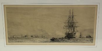 William Lionel Wyllie R.A (British 1851-1931), "HMS Victory firing a salute at Portsmouth", etching,