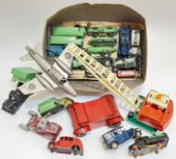 A group of vintage toys to include motor vehicles, battleship, aeroplane, crane, comprising Dinky,
