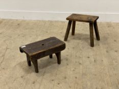 A late 19th century stained pine creepie stool, (W37cm) together with another pine stool. (2)