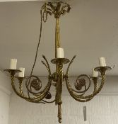 A well cast gilt brass chandelier, mid 20th century, the central column issuing six rope twist